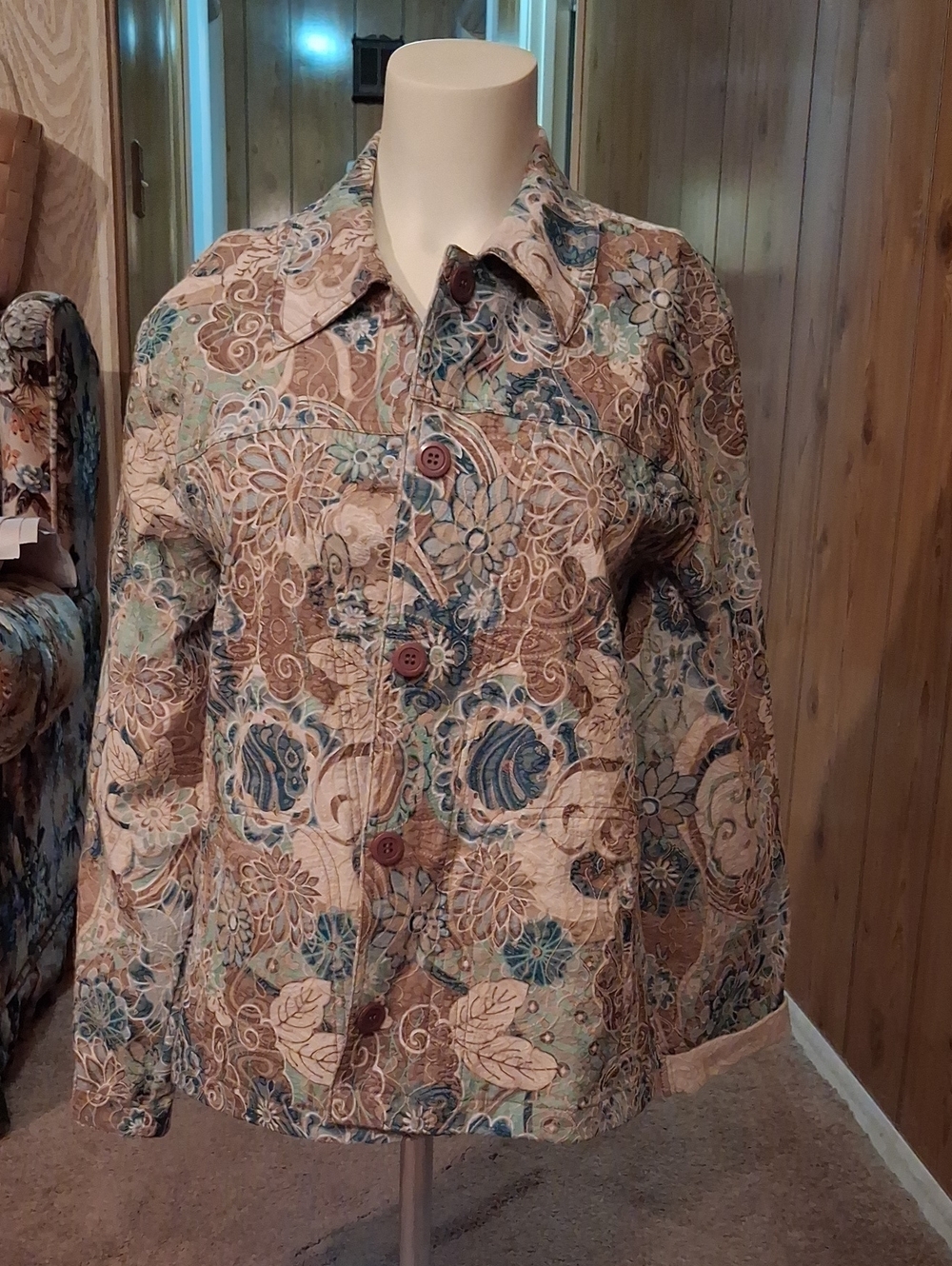 Women's Quilted Floral Jacket - Beige & Teal
